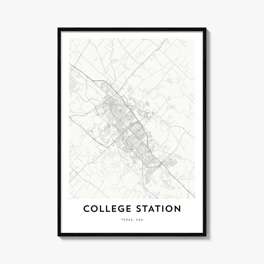 College Station black & white map poster of Texas, USA – vertical wall art, unframed print shown in interior mockup