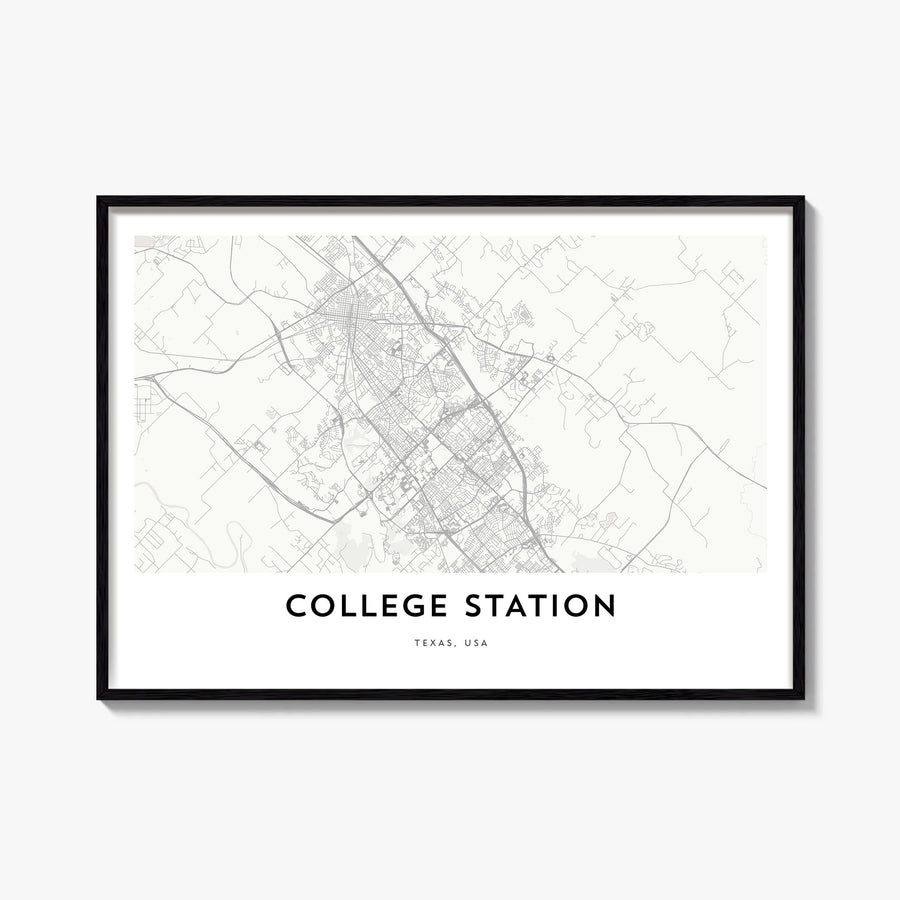 College Station black & white map poster of Texas, USA – horizontal wall art, unframed print shown in interior mockup