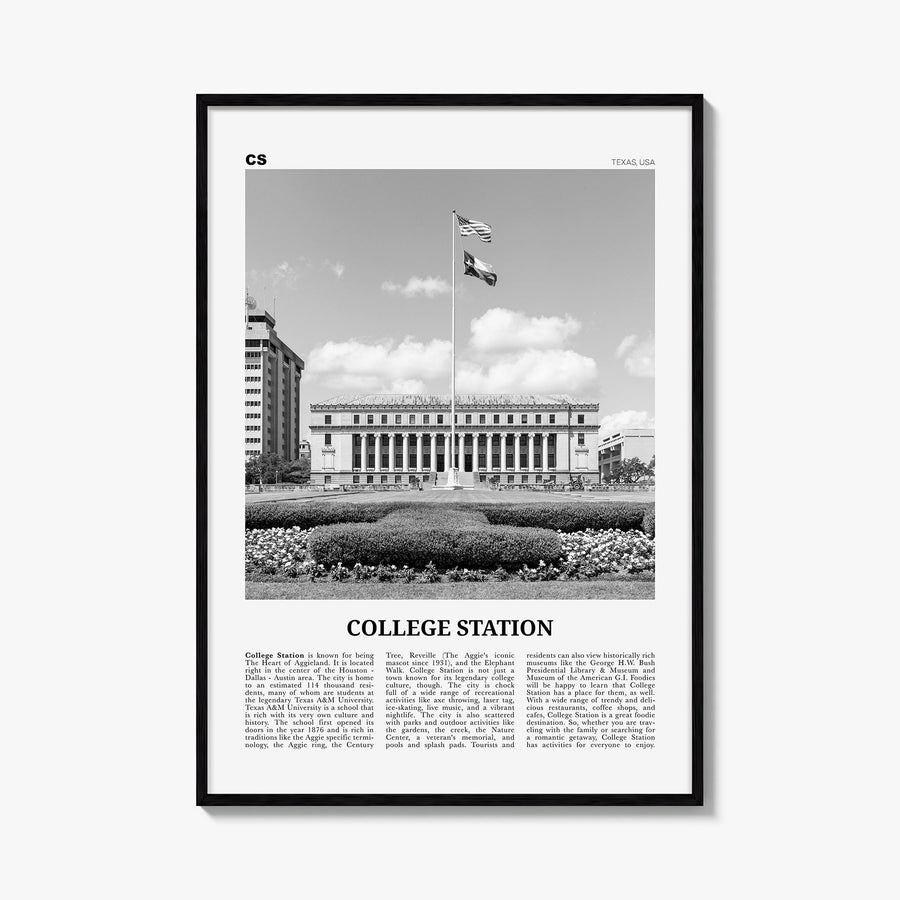 College Station black & white newspaper poster of Texas, USA – vertical wall art, unframed print shown in interior mockup