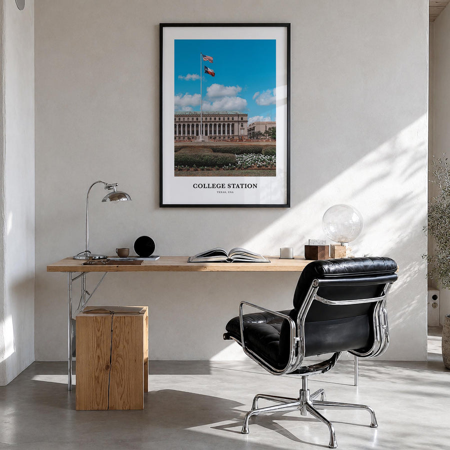 College Station colorful classic poster of Texas, USA – vertical wall art in black wood frame, hanging on wall