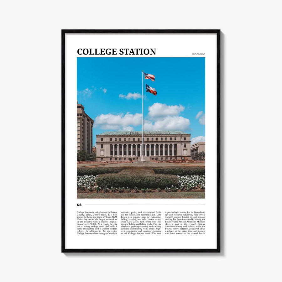 College Station colorful travel poster of Texas, USA – vertical wall art, unframed print shown in interior mockup