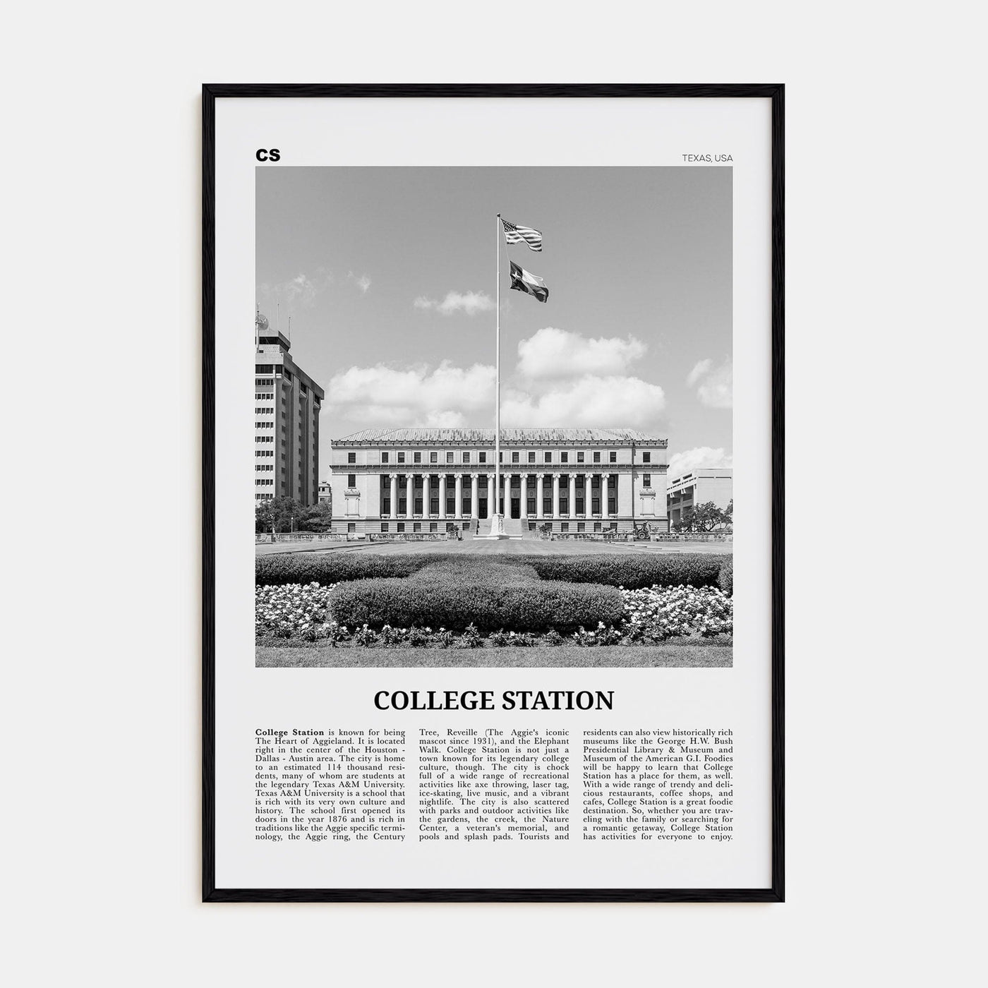 College Station Poster Black Wood / 8x12 in Nbourhood Travel B&W Poster