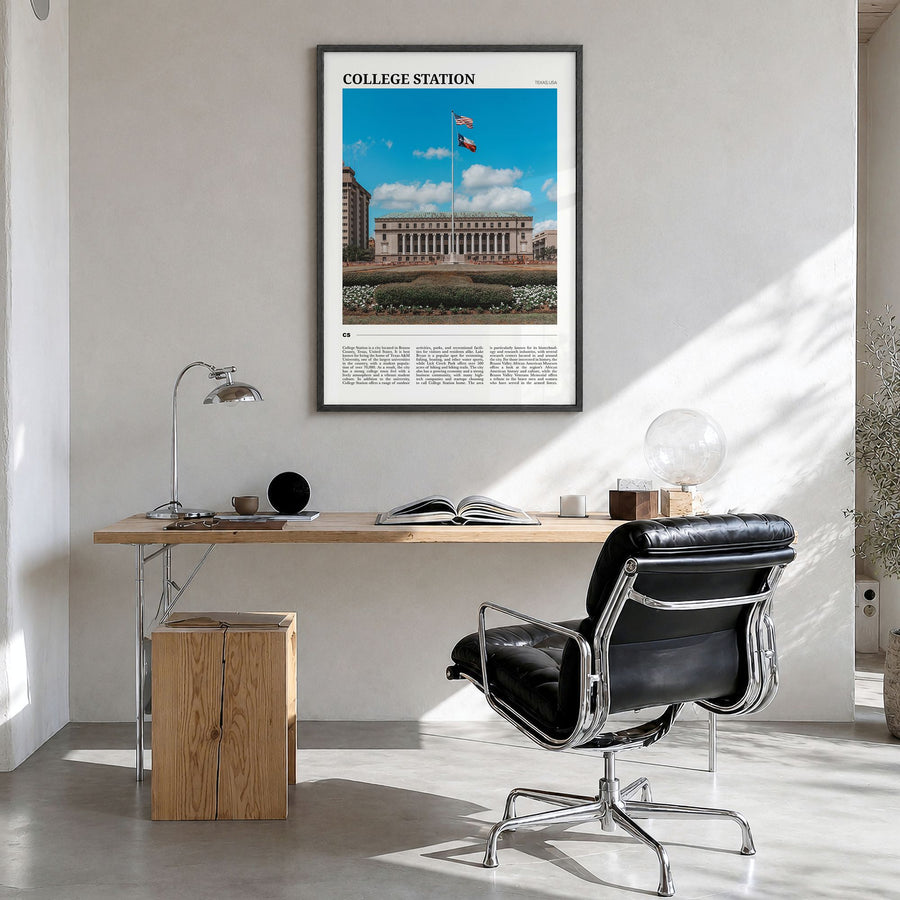 College Station Travel Poster in a black wood frame, hanging in a bright home office