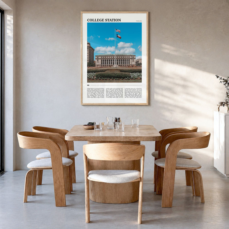 College Station Travel Poster in a natural wood frame, hanging in a dining room