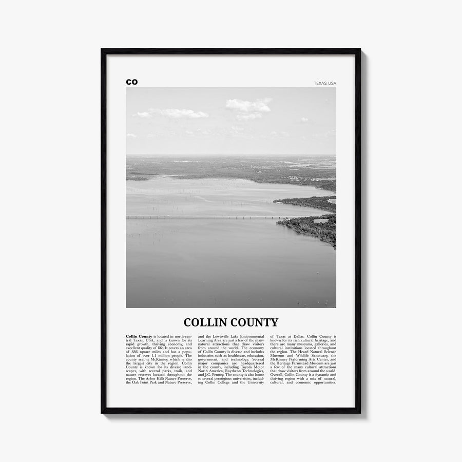 Collin County black & white newspaper poster of Texas, USA – vertical wall art, unframed print shown in interior mockup
