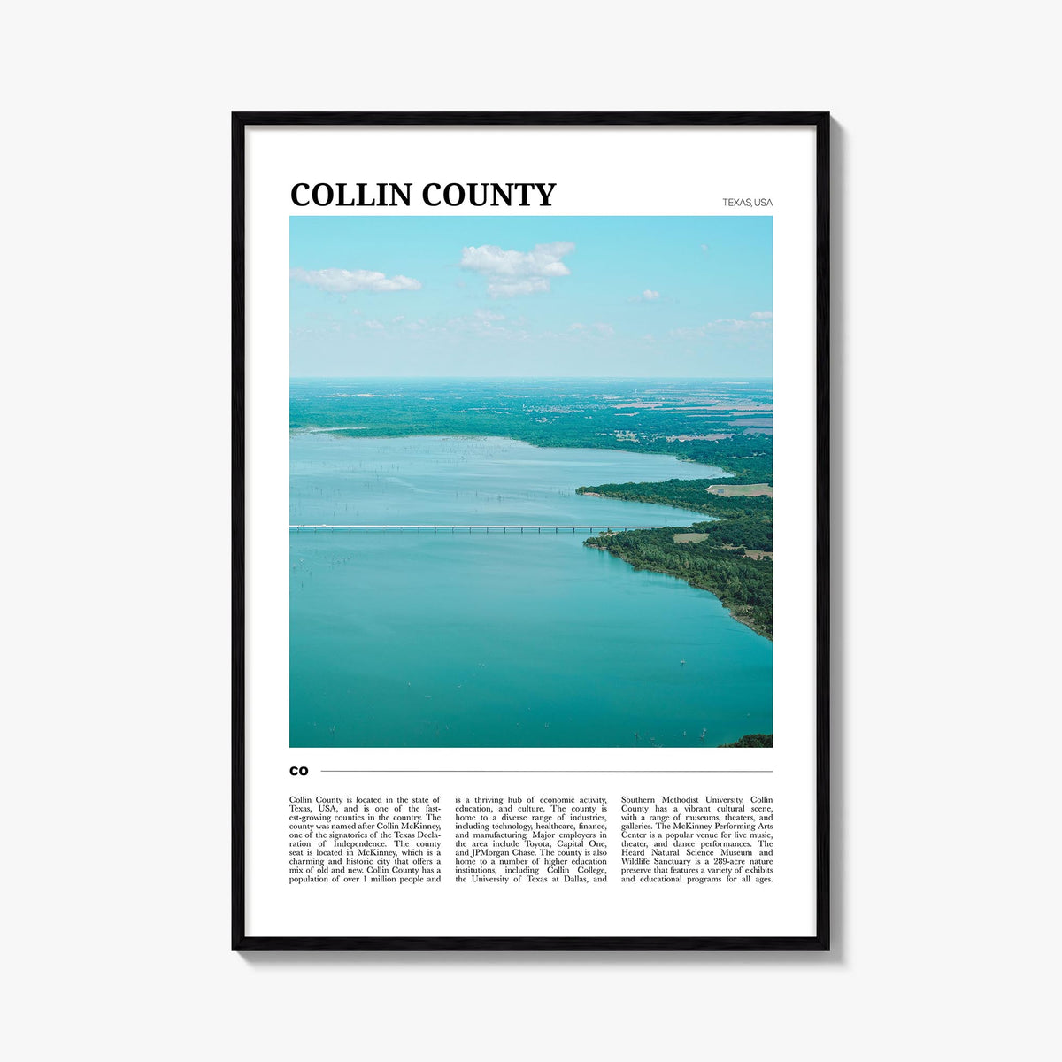 Collin County colorful travel poster of Texas, USA – vertical wall art, unframed print shown in interior mockup