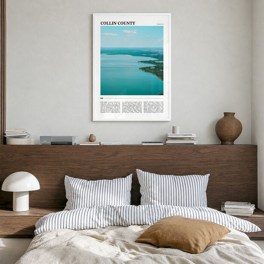 Collin County Travel Poster in a white wood frame, hanging in a bedroom