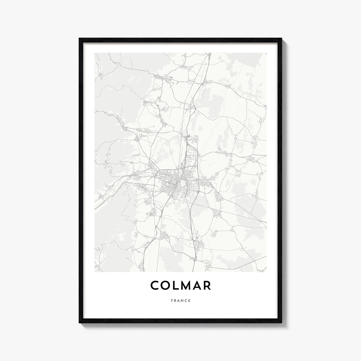 Colmar black & white map poster of France – vertical wall art, unframed print shown in interior mockup