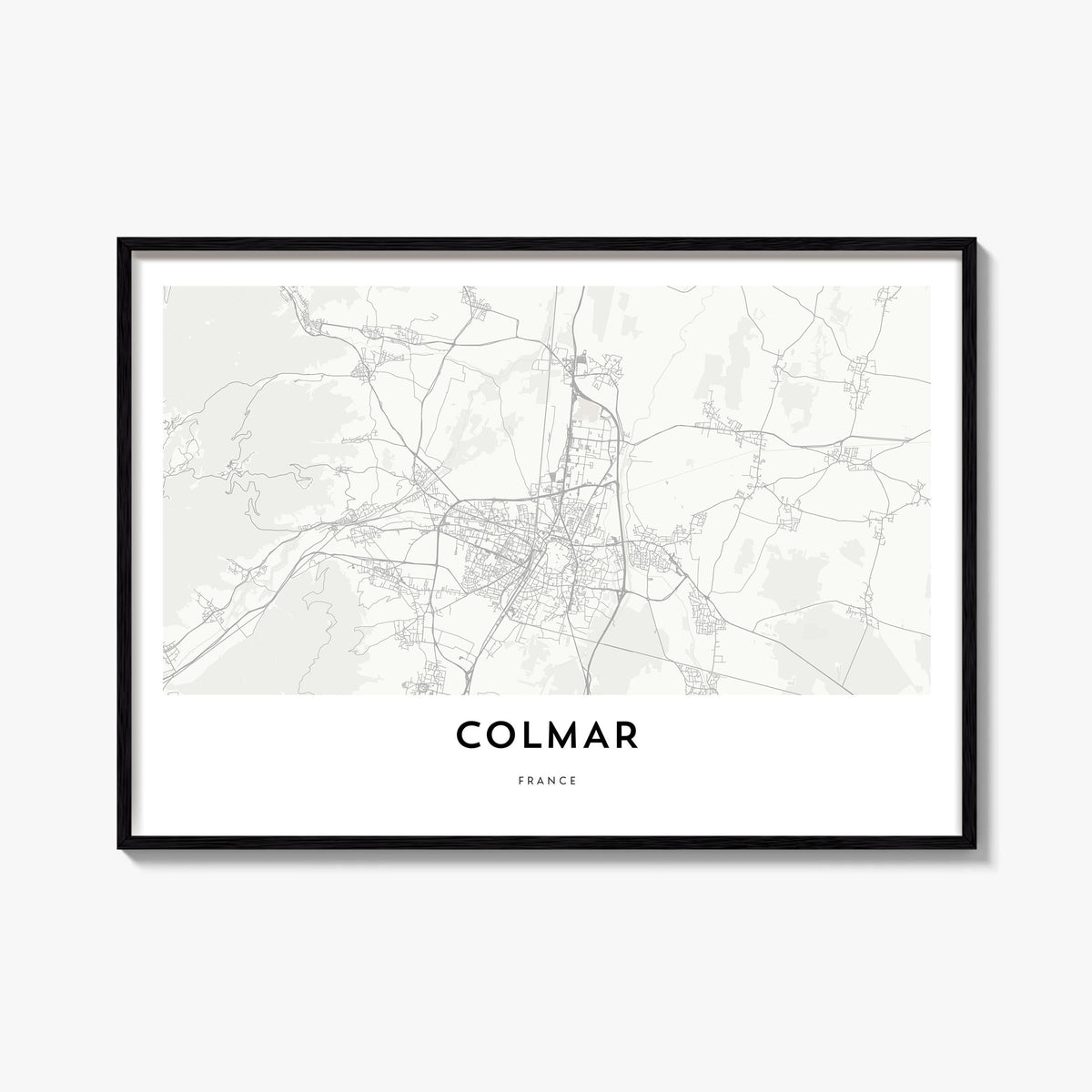 Colmar black & white map poster of France – horizontal wall art, unframed print shown in interior mockup