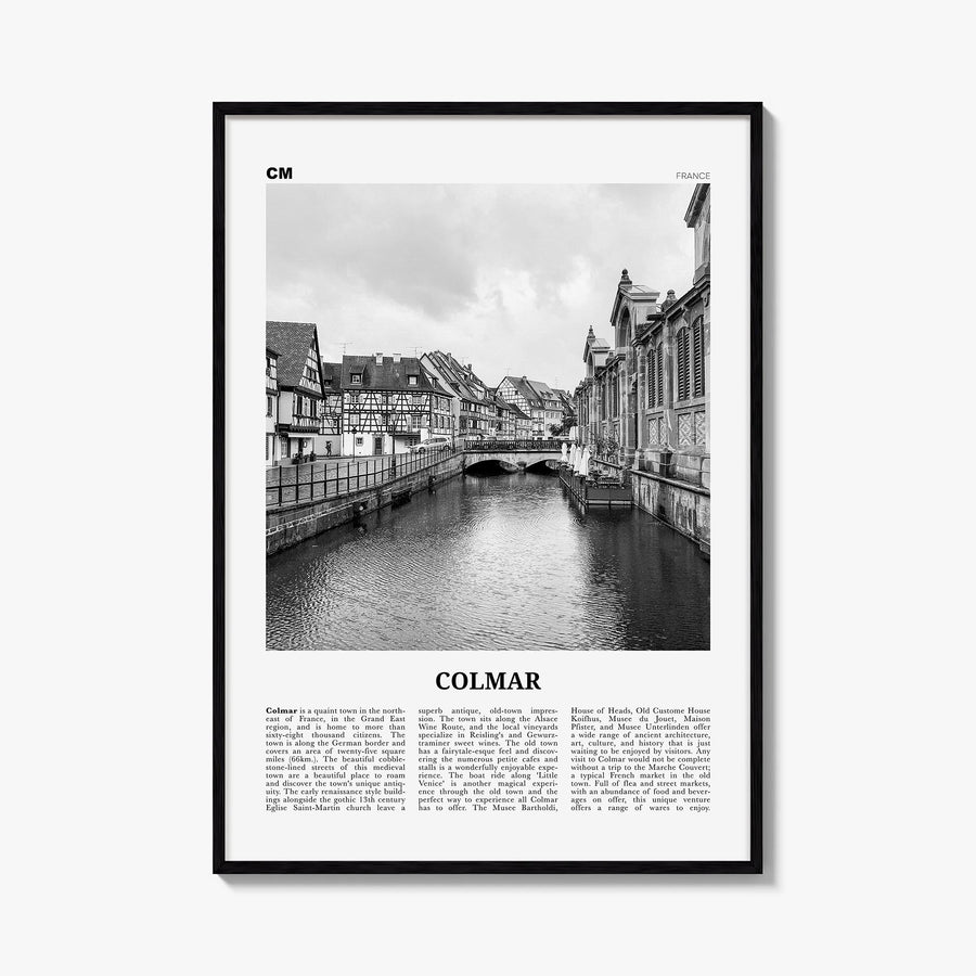 Colmar black & white newspaper poster of France – vertical wall art, unframed print shown in interior mockup