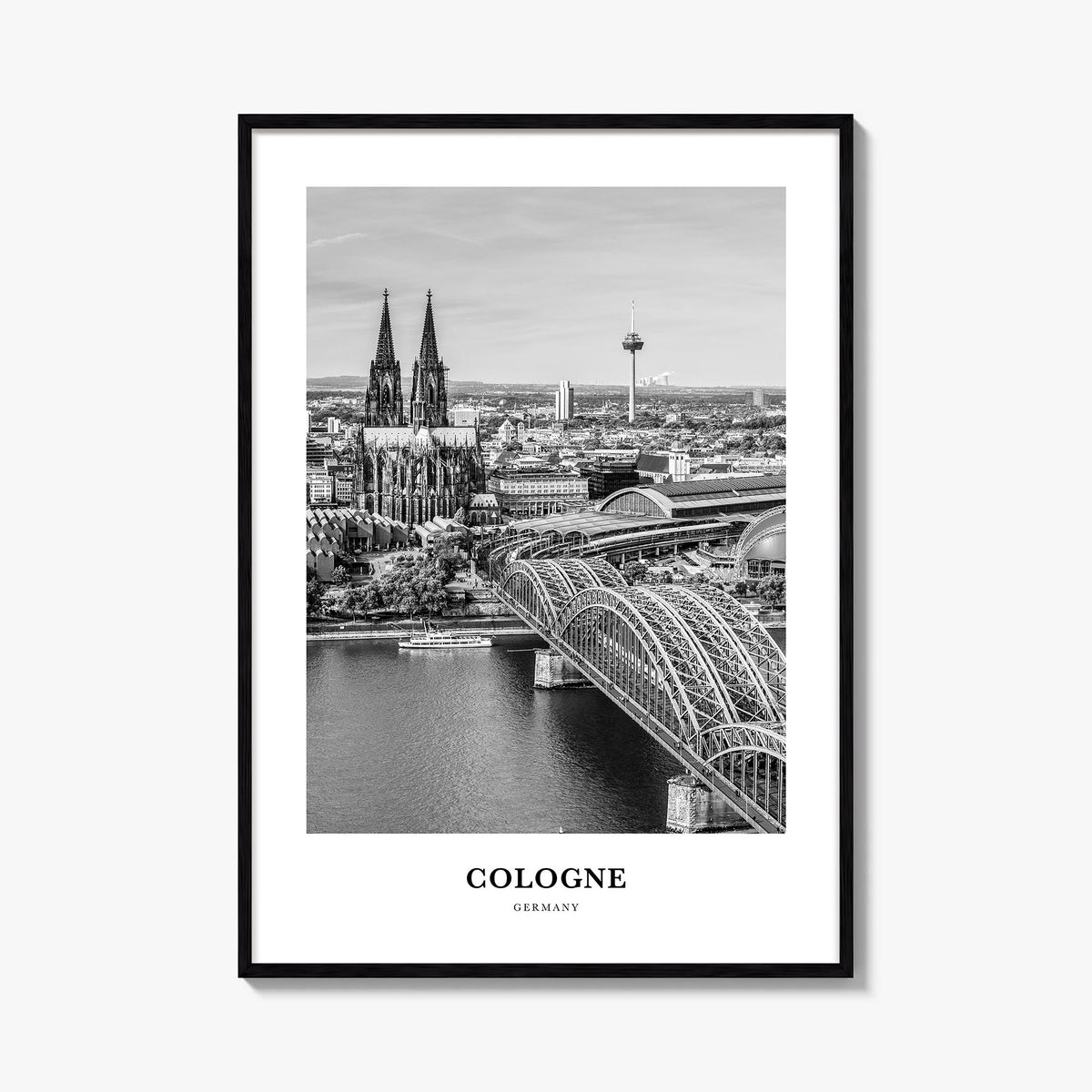 Cologne black & white classic poster of Germany – vertical wall art, unframed print shown in interior mockup