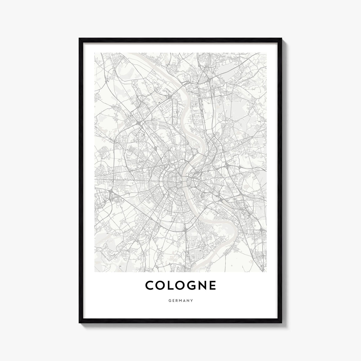 Cologne black & white map poster of Germany – vertical wall art, unframed print shown in interior mockup