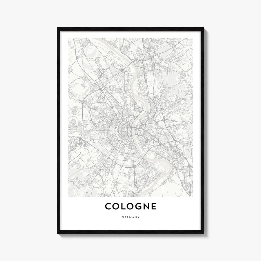 Cologne black & white map poster of Germany – vertical wall art, unframed print shown in interior mockup