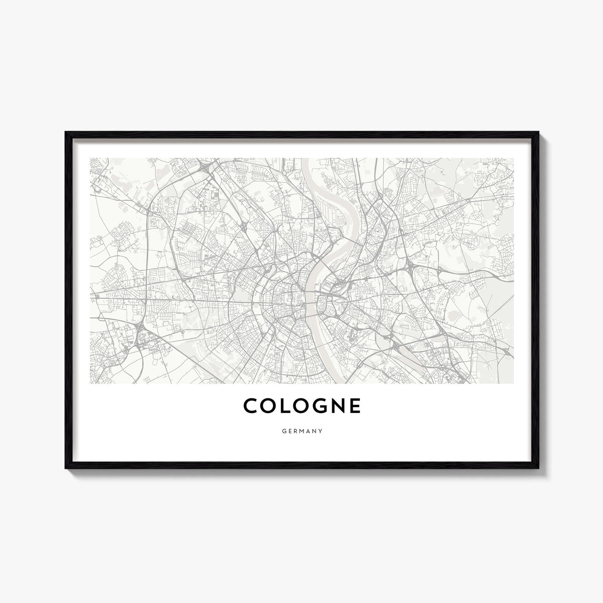 Cologne black & white map poster of Germany – horizontal wall art, unframed print shown in interior mockup