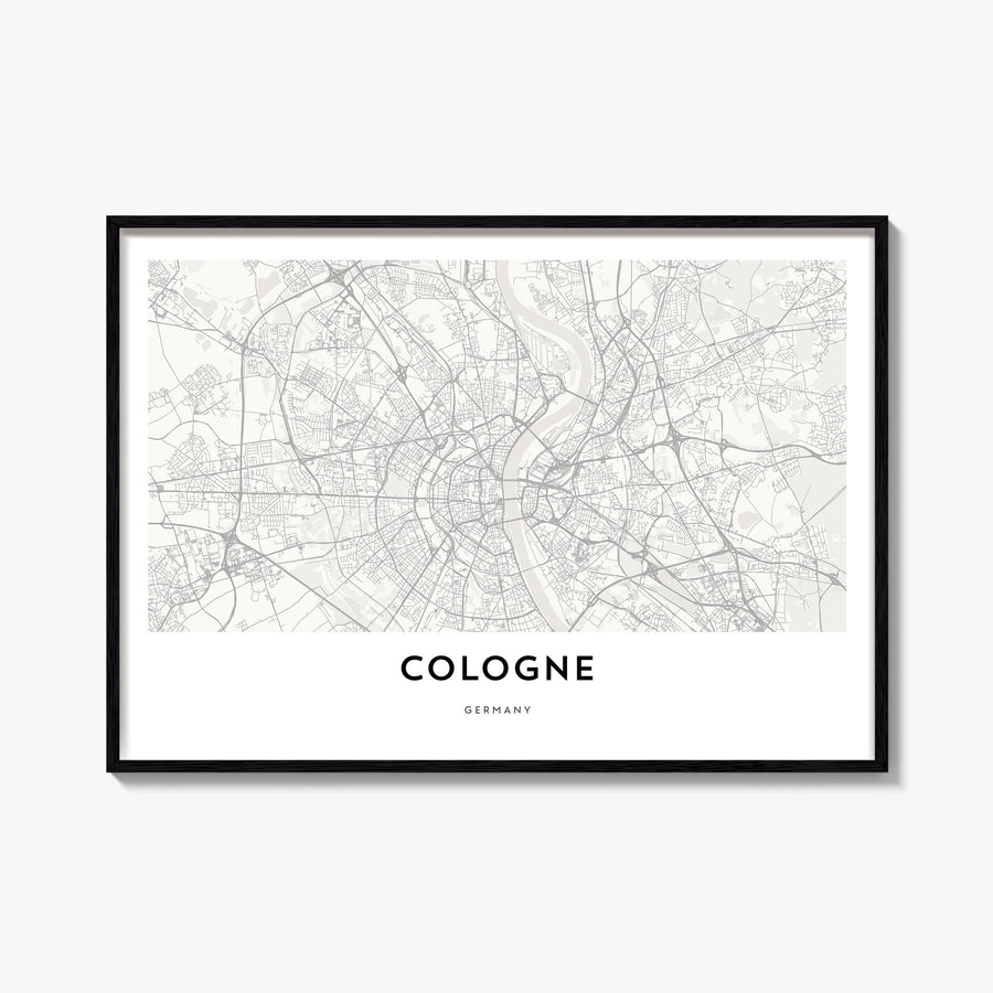 Cologne black & white map poster of Germany – horizontal wall art, unframed print shown in interior mockup
