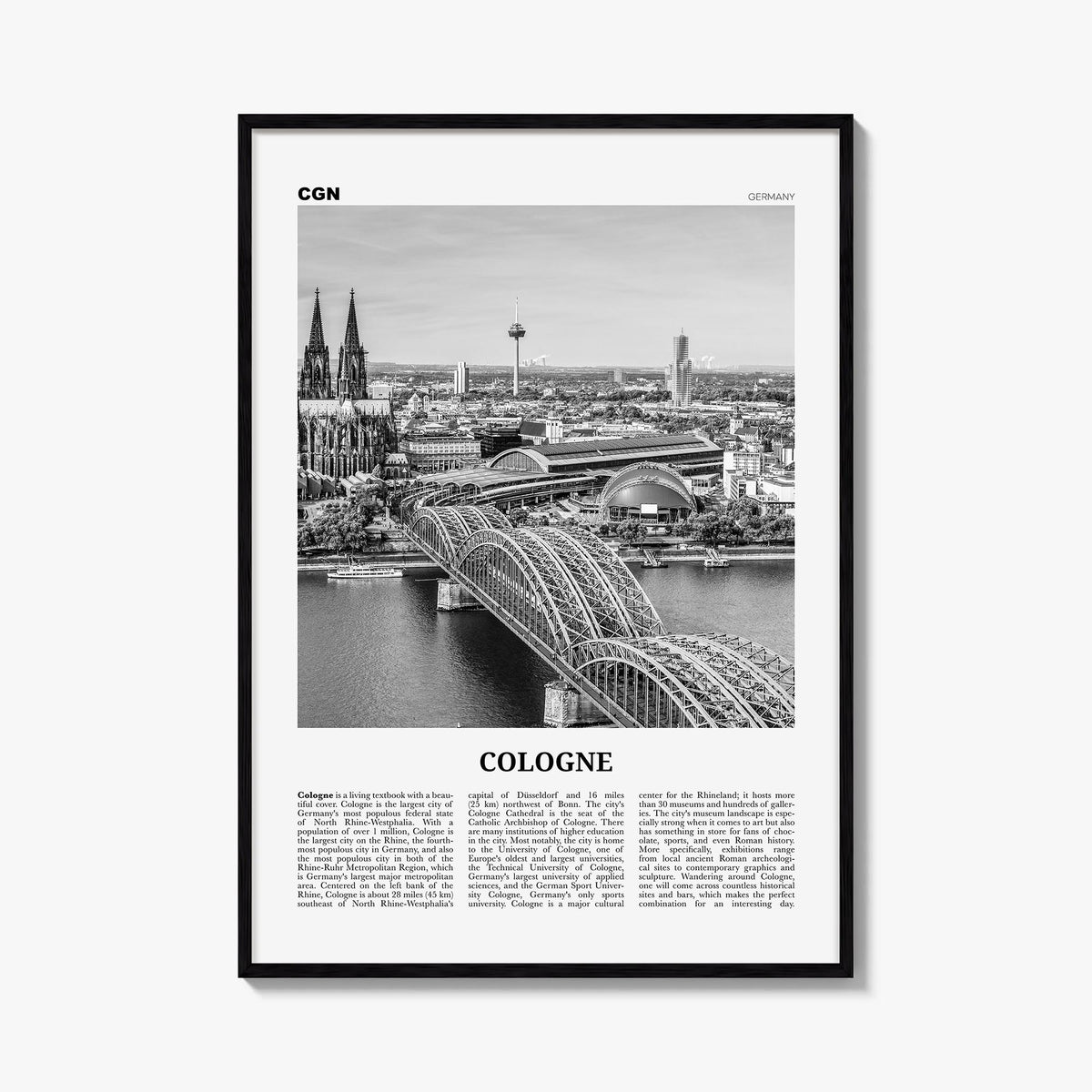 Cologne black & white newspaper poster of Germany – vertical wall art, unframed print shown in interior mockup