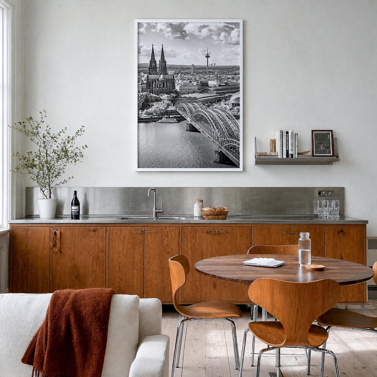 Cologne black & white photo poster of Germany – vertical wall art in white wood frame, hanging on wall