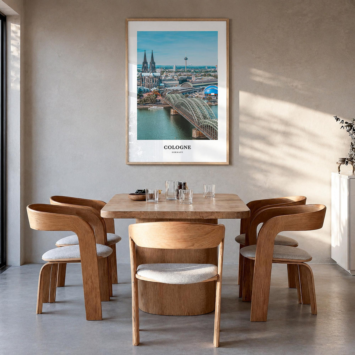 Cologne colorful classic poster of Germany – vertical wall art in natural wood frame, hanging on wall