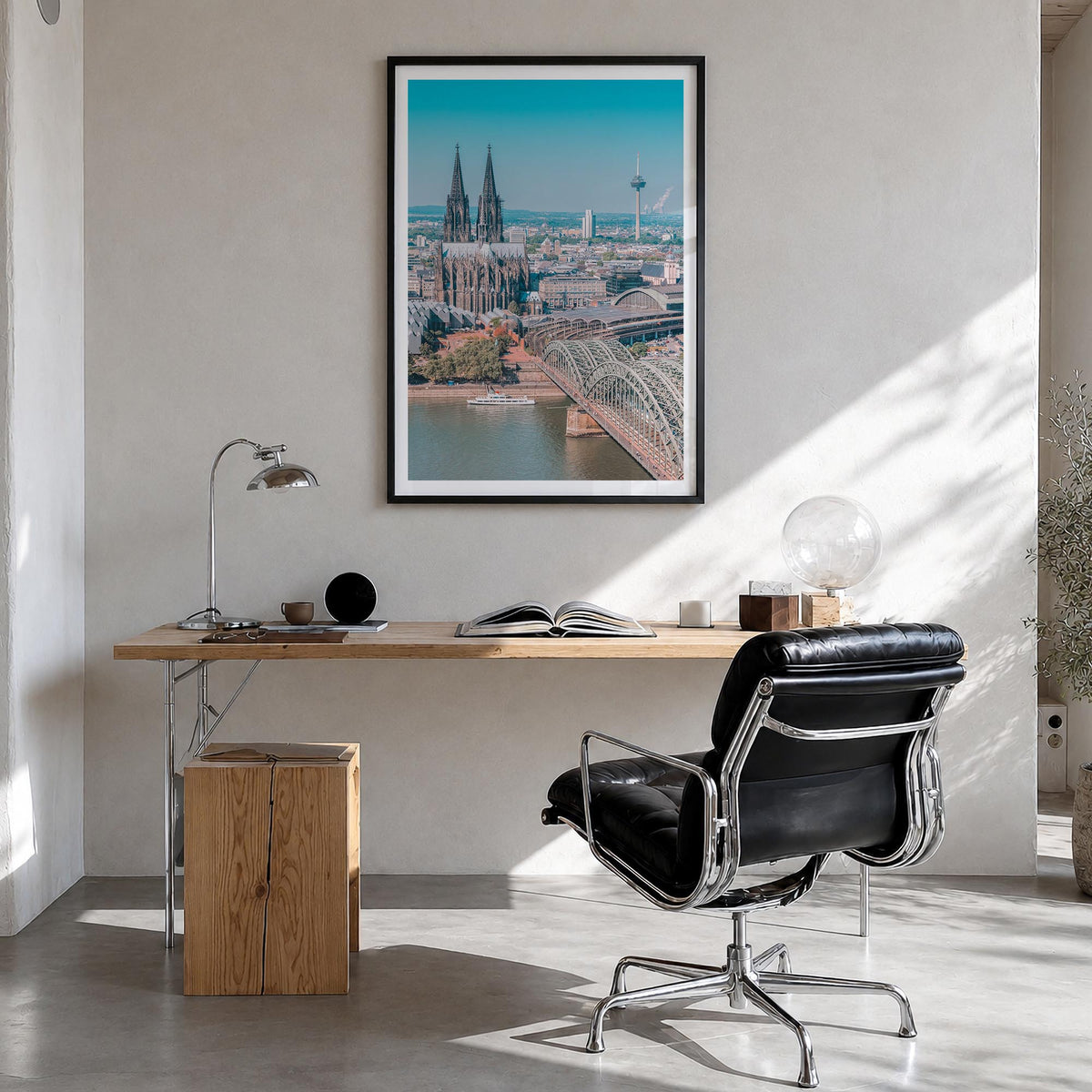 Cologne colorful photo poster of Germany – vertical wall art in black wood frame with white border, hanging on wall