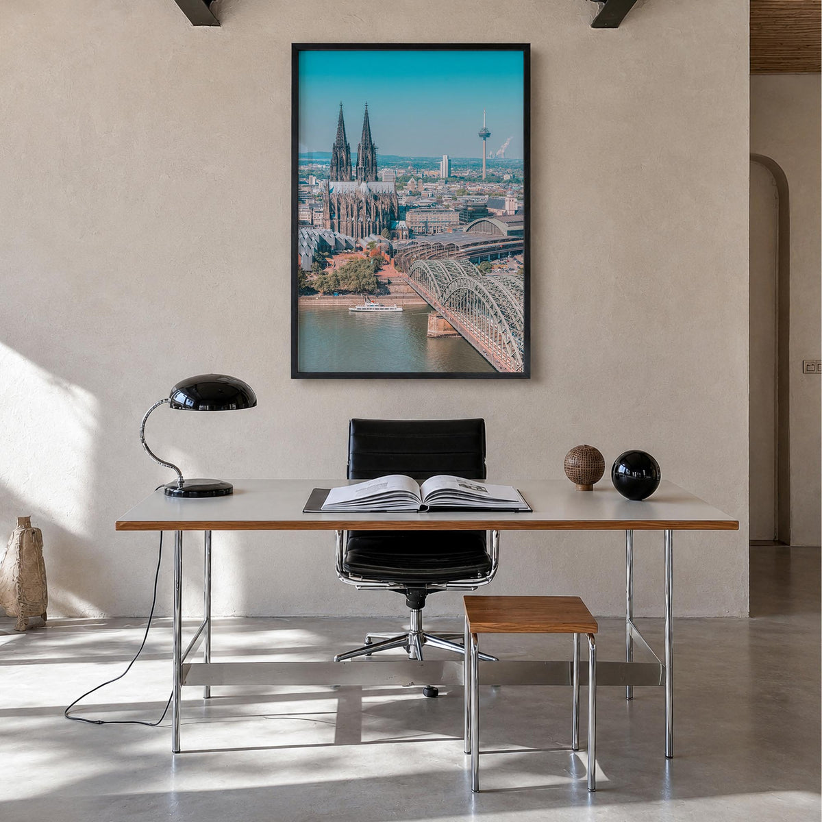 Cologne colorful photo poster of Germany – vertical wall art in black wood frame, hanging on wall