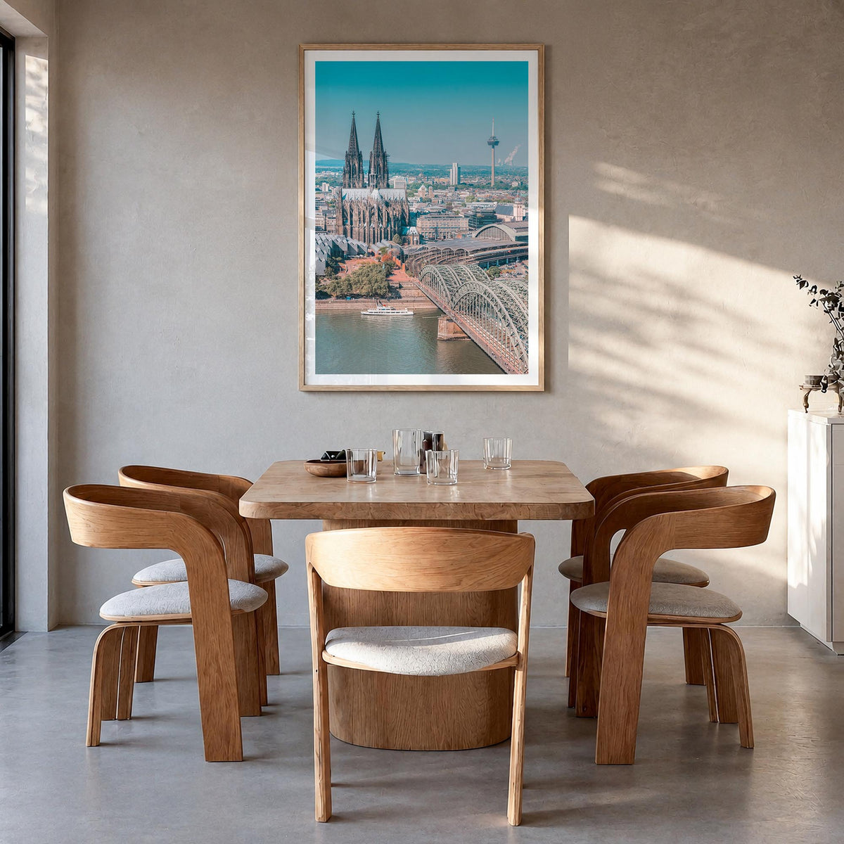 Cologne colorful photo poster of Germany – vertical wall art in natural wood frame with white border, hanging on wall