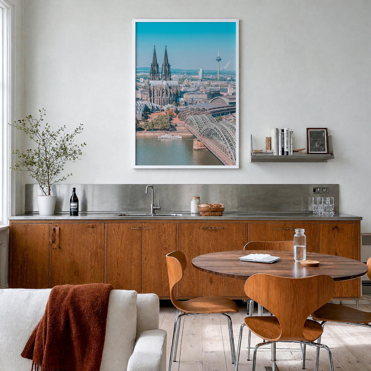 Cologne colorful photo poster of Germany – vertical wall art in white wood frame, hanging on wall