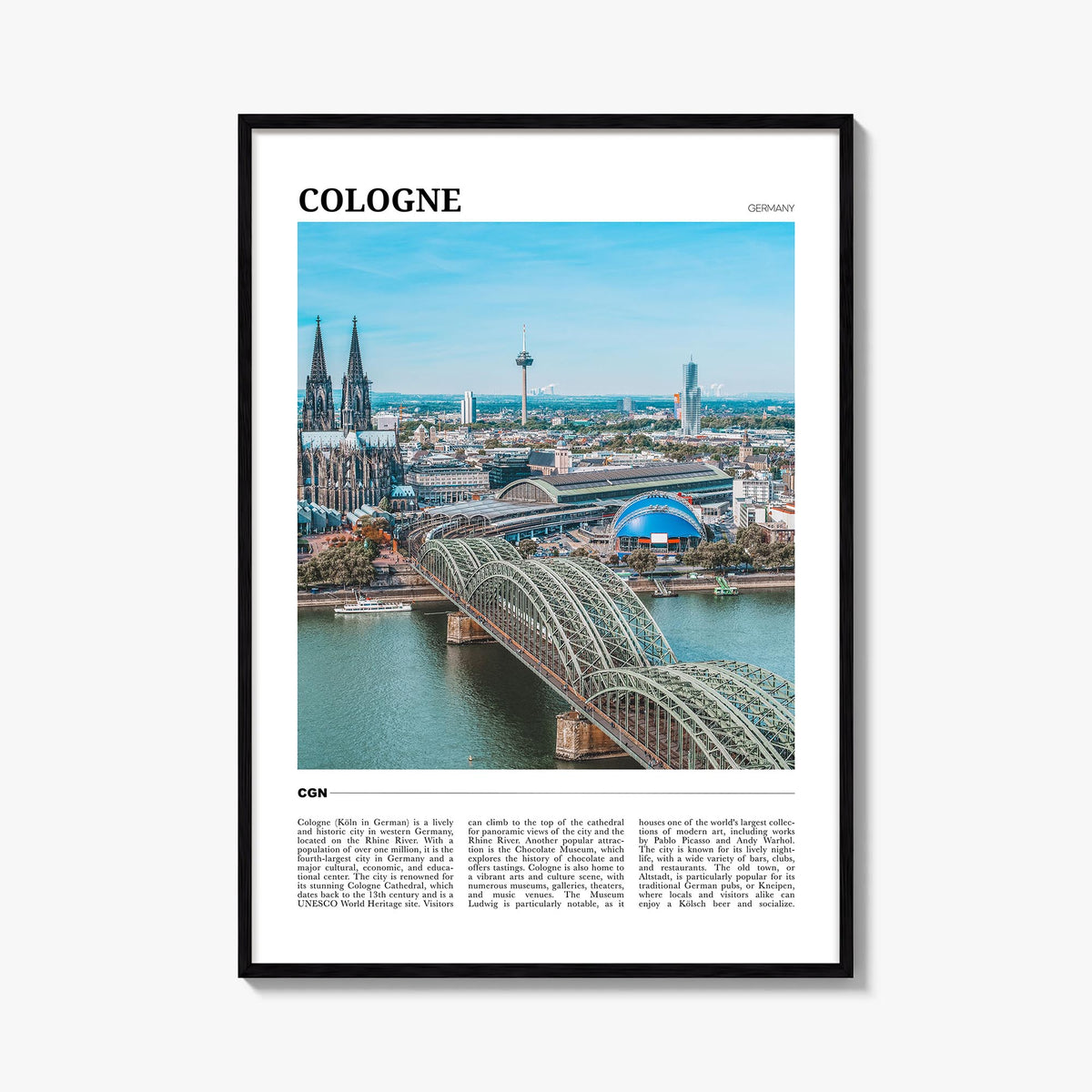 Cologne colorful travel poster of Germany – vertical wall art, unframed print shown in interior mockup