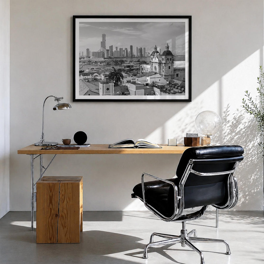 Colombia black & white photo poster of South America – horizontal wall art in black wood frame with white border, hanging on 