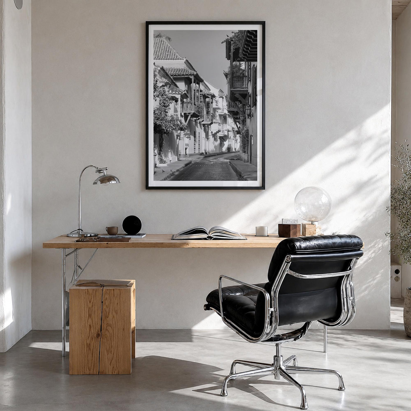 Colombia black & white photo poster of South America – vertical wall art in black wood frame with white border, hanging on wa