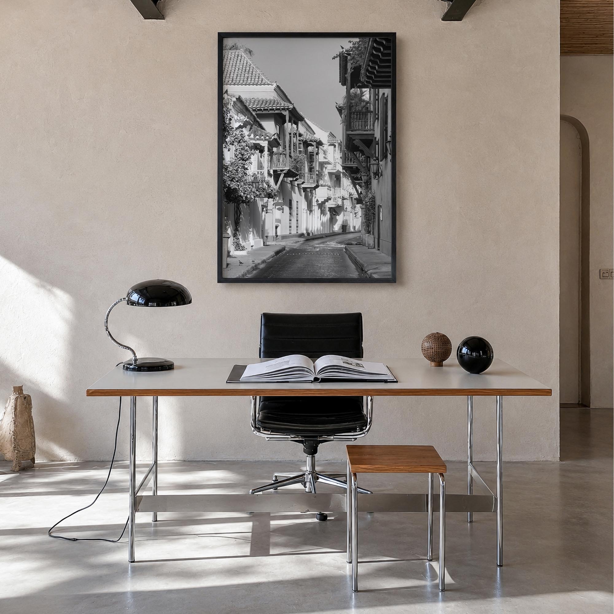 Colombia black & white photo poster of South America – vertical wall art in black wood frame, hanging on wall
