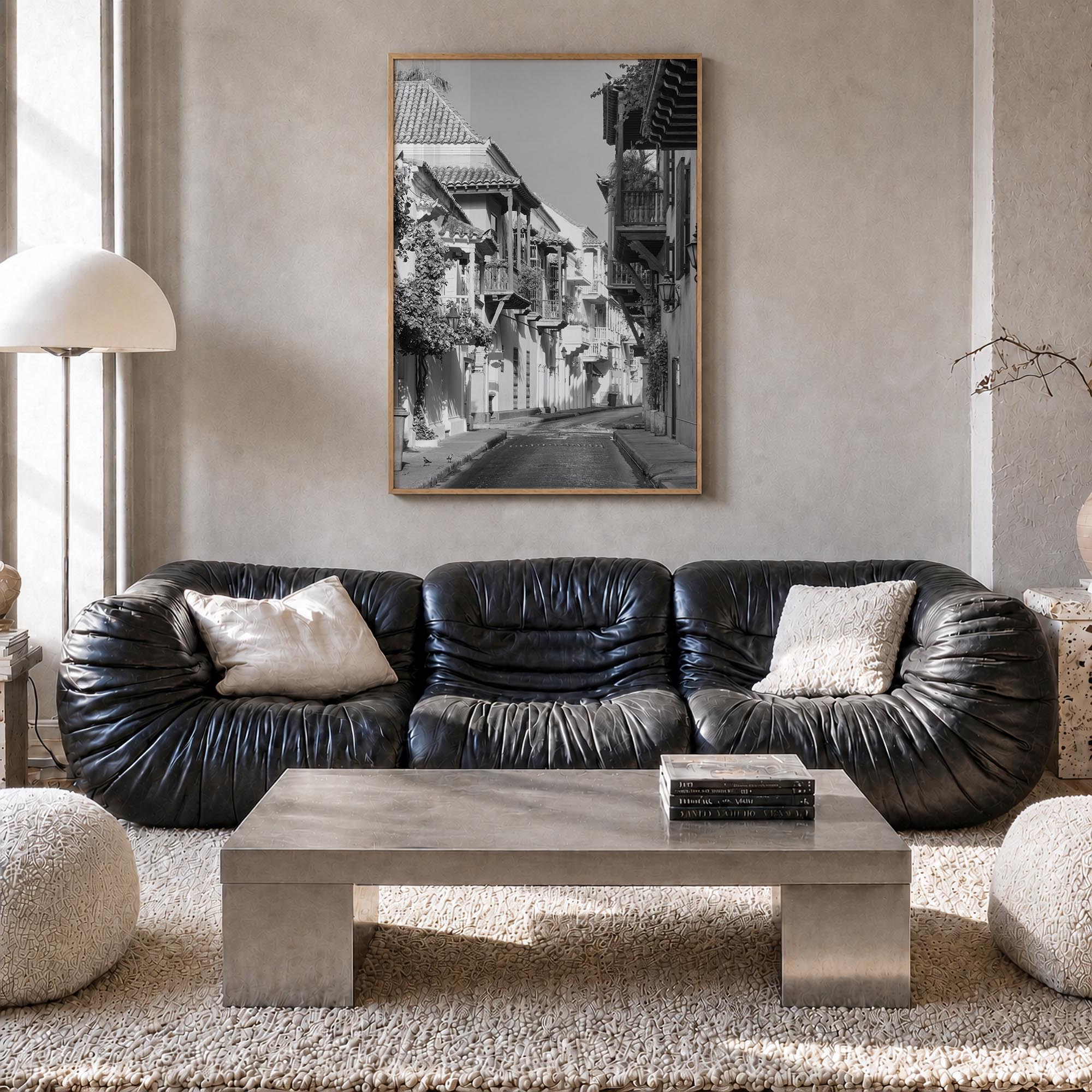Colombia black & white photo poster of South America – vertical wall art in natural wood frame, hanging on wall