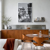 Colombia black & white photo poster of South America – vertical wall art in white wood frame, hanging on wall