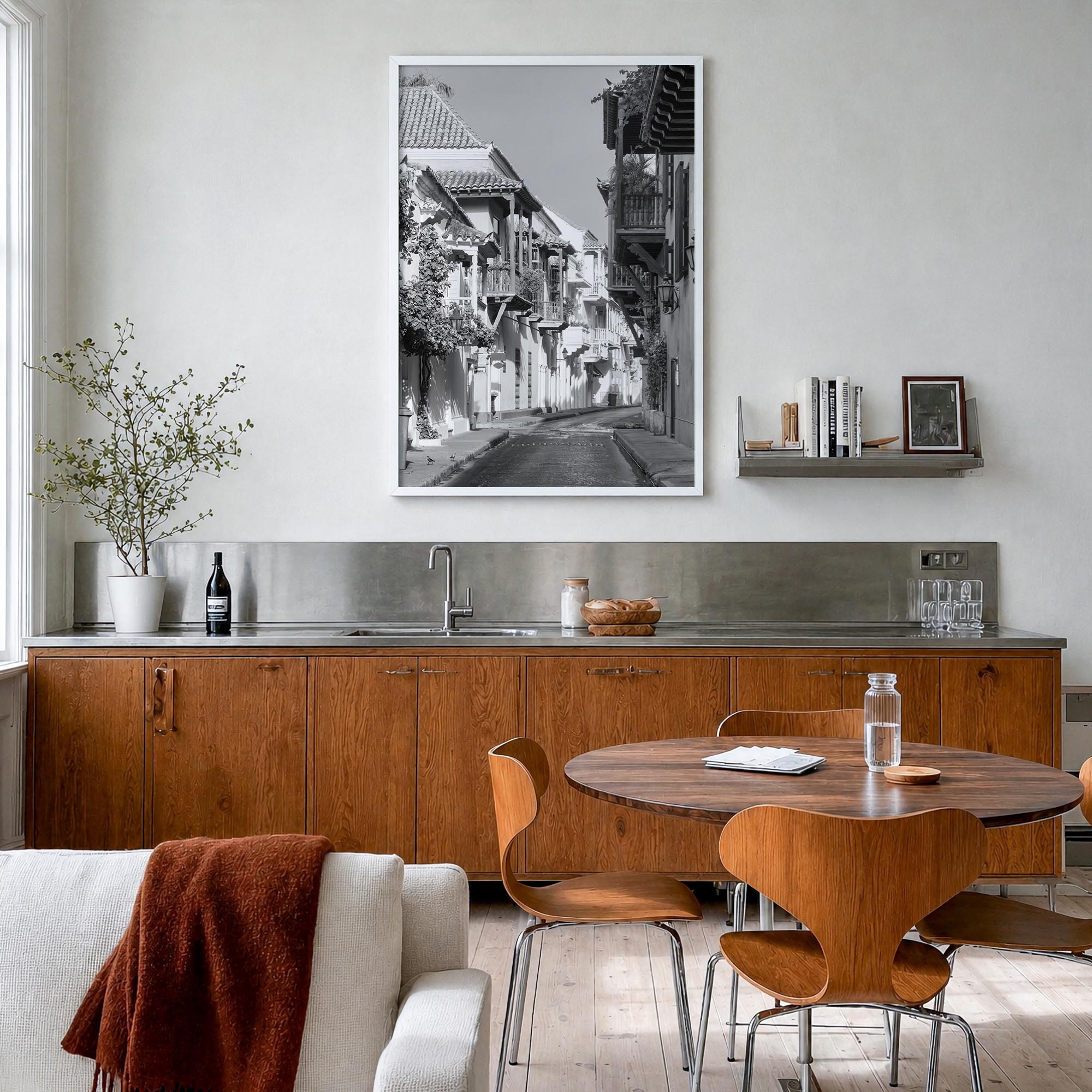 Colombia black & white photo poster of South America – vertical wall art in white wood frame, hanging on wall