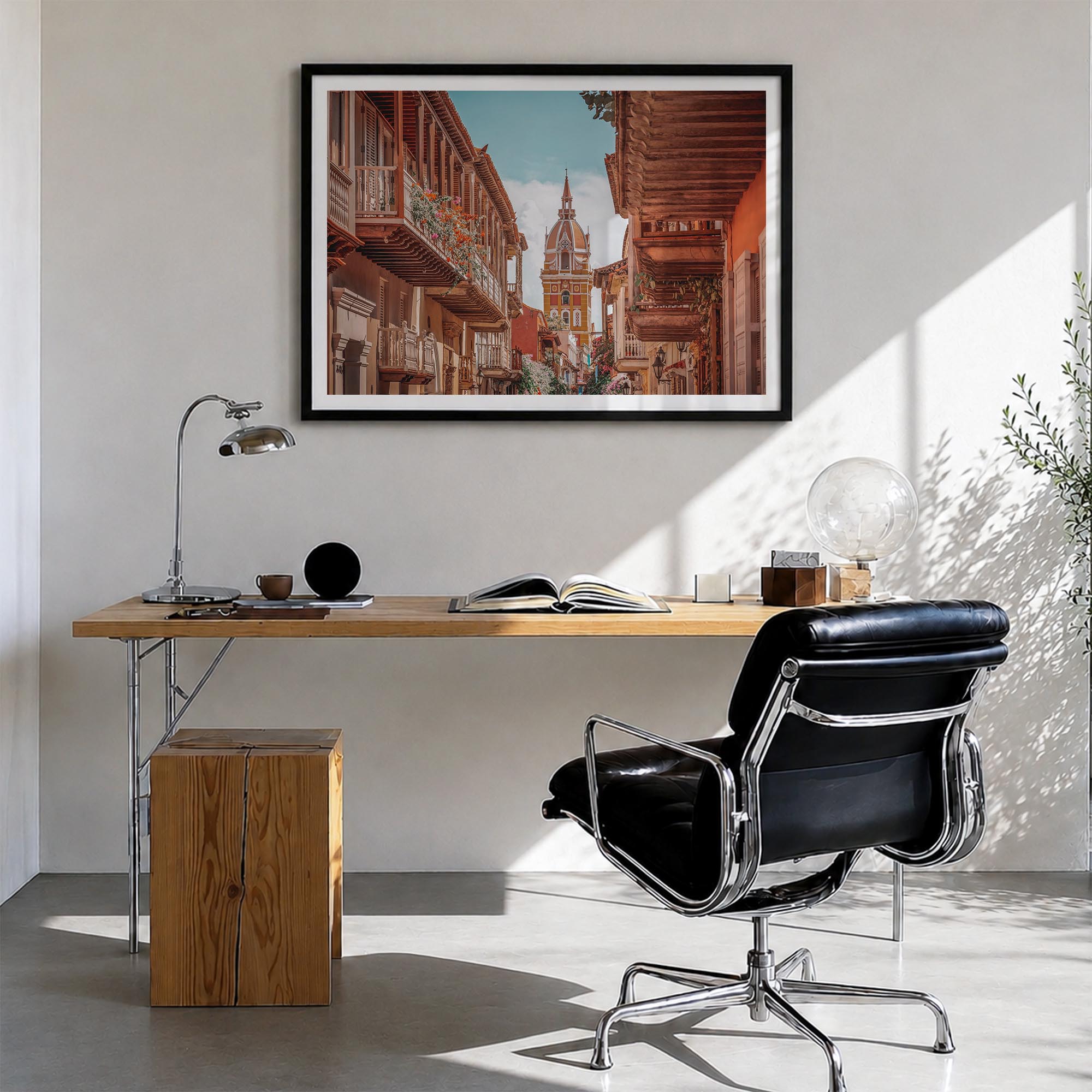 Colombia colorful photo poster of South America – horizontal wall art in black wood frame with white border, hanging on wall