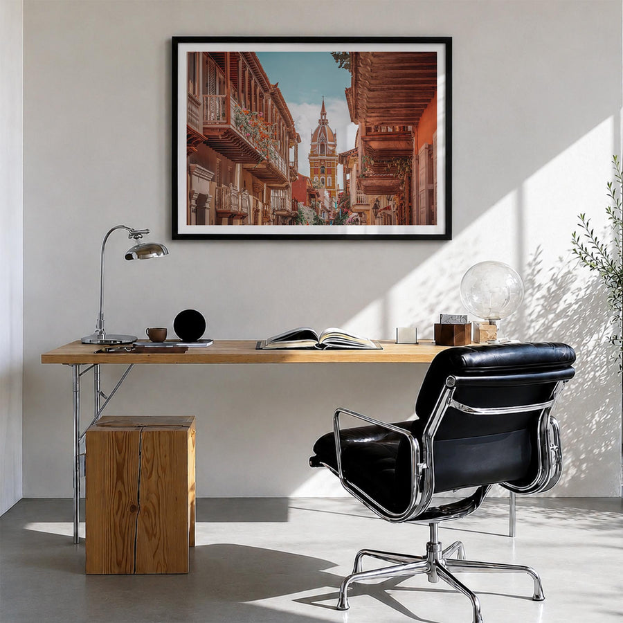 Colombia colorful photo poster of South America – horizontal wall art in black wood frame with white border, hanging on wall