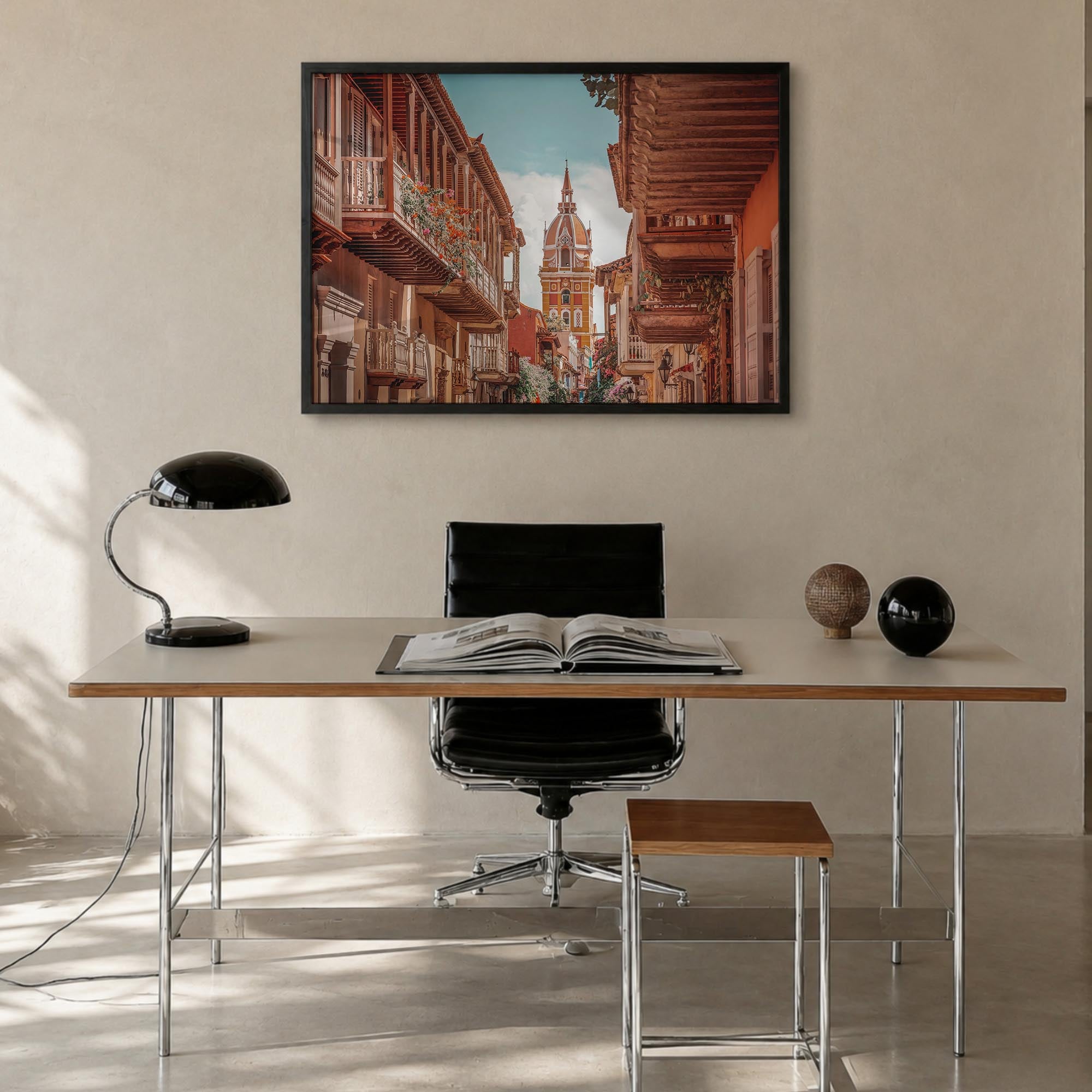 Colombia colorful photo poster of South America – horizontal wall art in black wood frame, hanging on wall