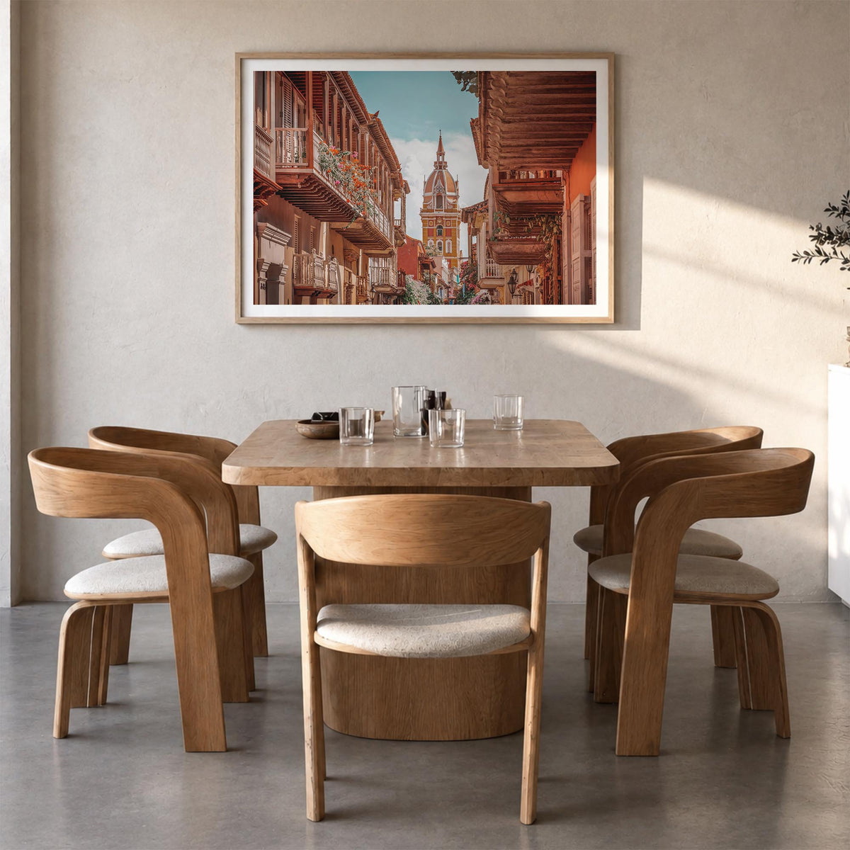 Colombia colorful photo poster of South America – horizontal wall art in natural wood frame with white border, hanging on wal