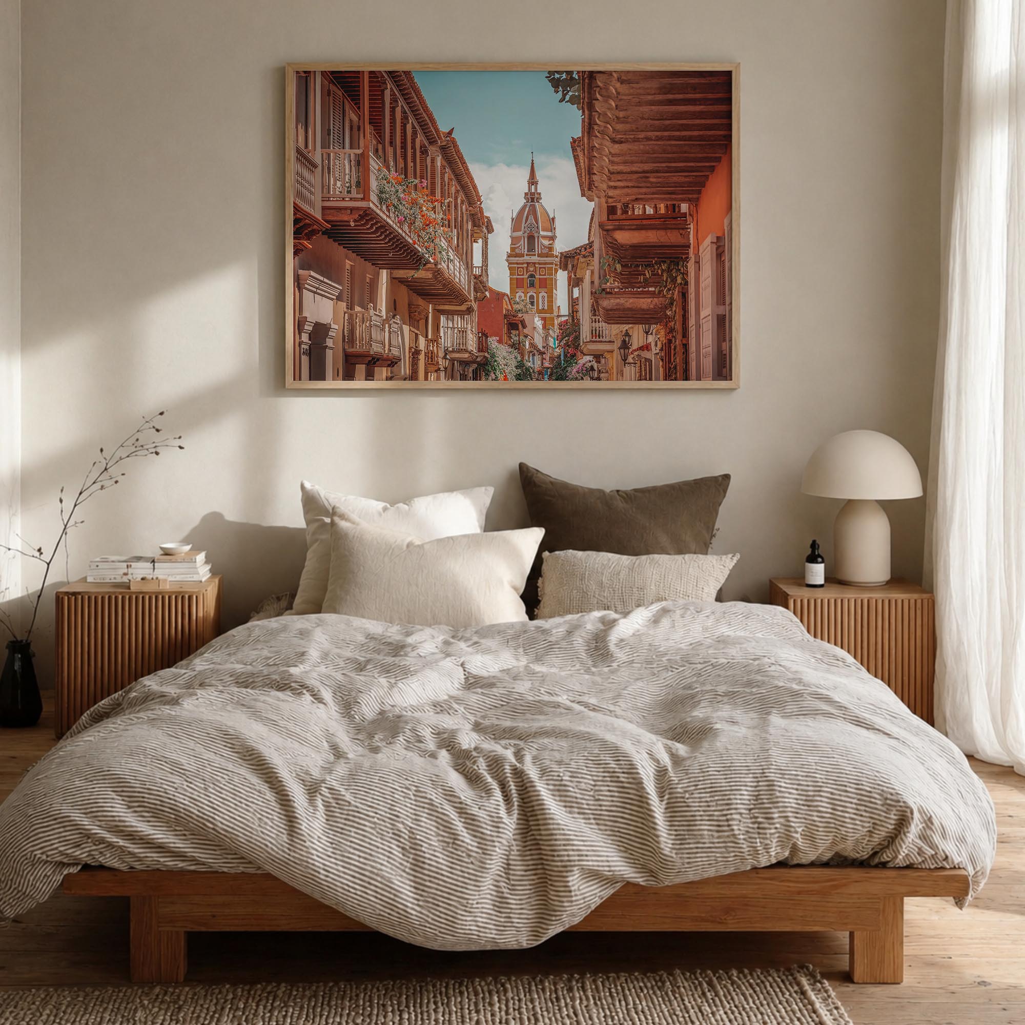 Colombia colorful photo poster of South America – horizontal wall art in natural wood frame, hanging on wall