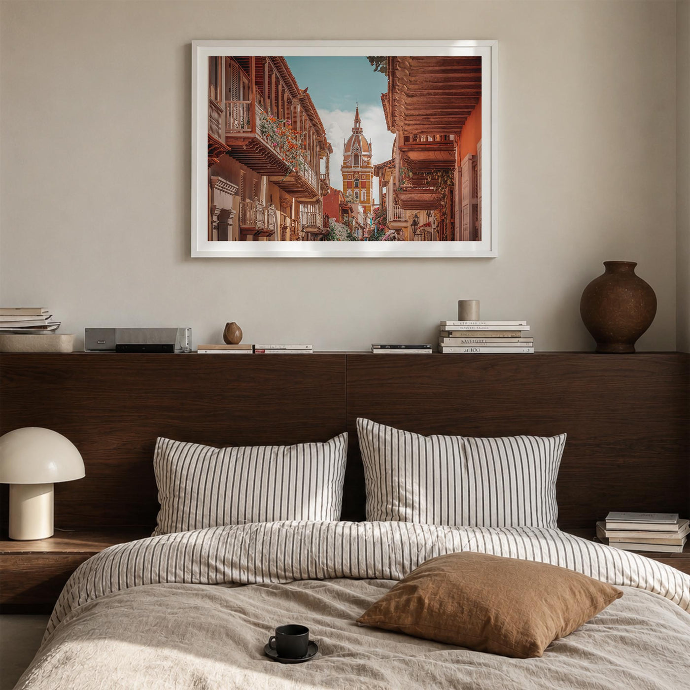 Colombia colorful photo poster of South America – horizontal wall art in white wood frame with white border, hanging on wall