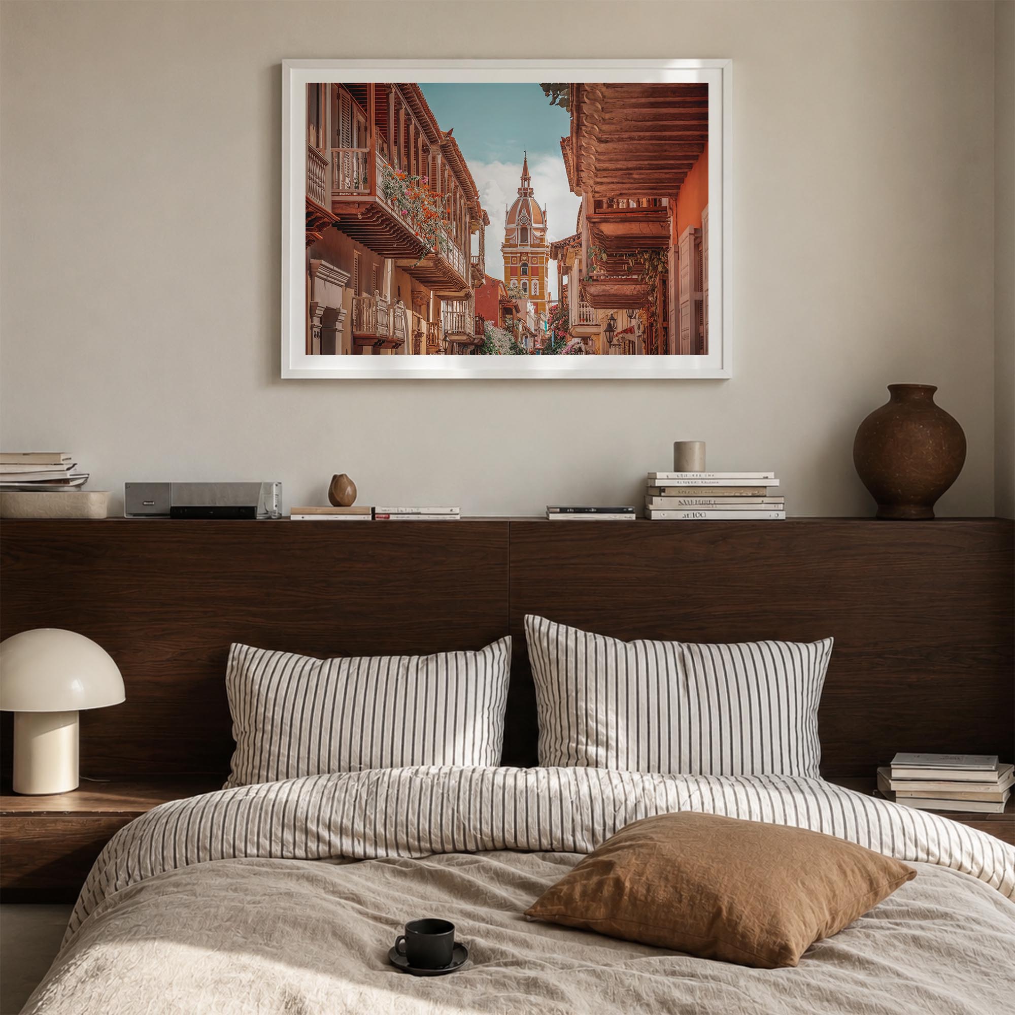 Colombia colorful photo poster of South America – horizontal wall art in white wood frame with white border, hanging on wall