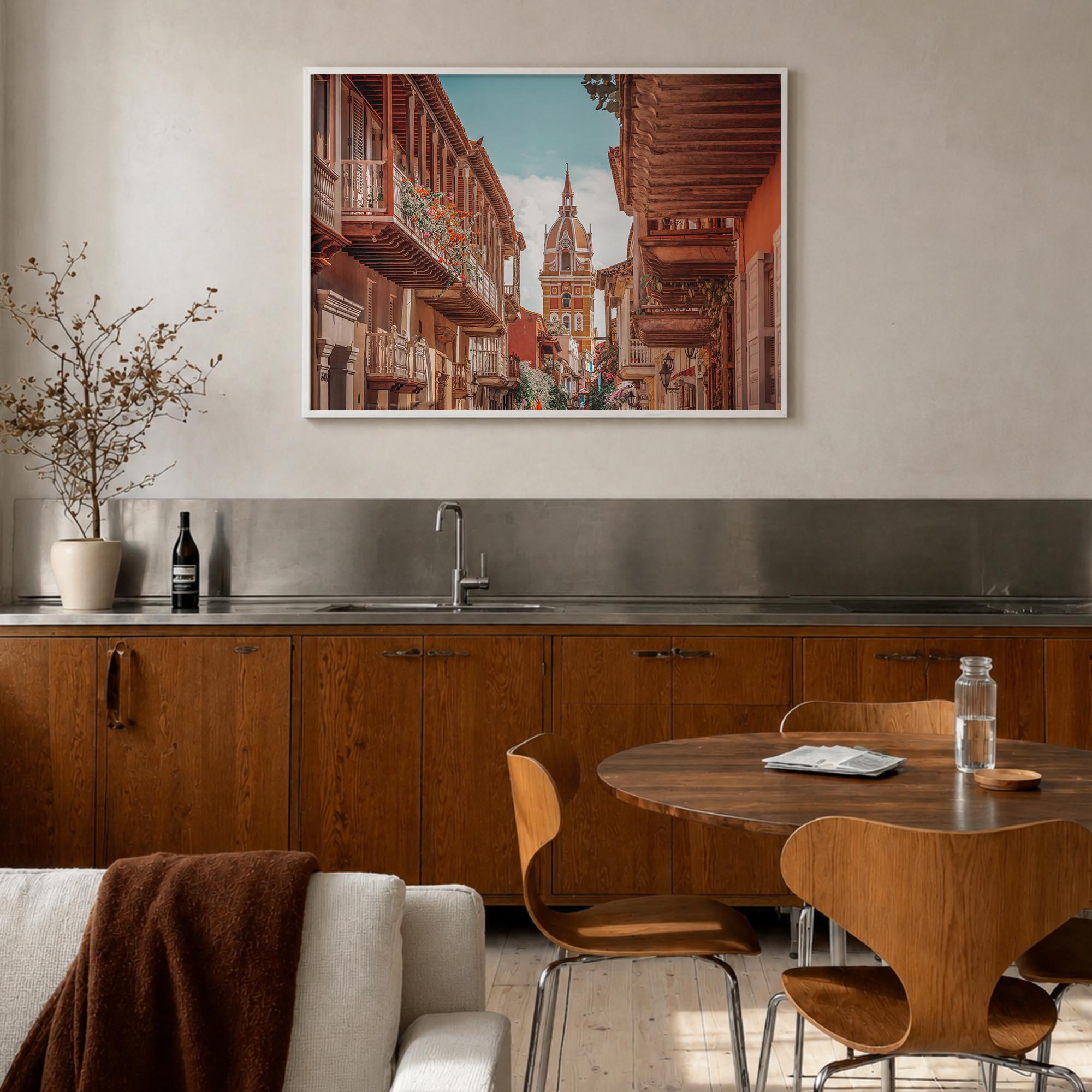Colombia colorful photo poster of South America – horizontal wall art in white wood frame, hanging on wall