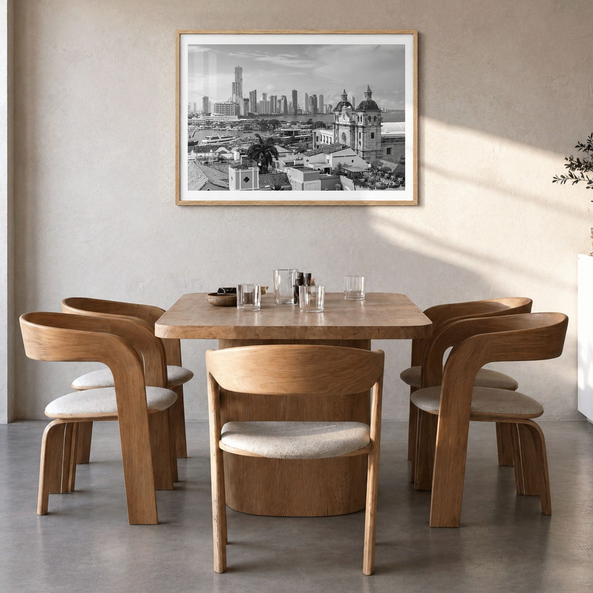 Colombia Photo Poster in a natural wood frame, hanging in a dining room, white border