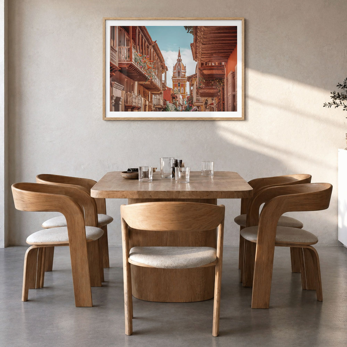 Colombia Photo Poster in a natural wood frame, hanging in a dining room, white border