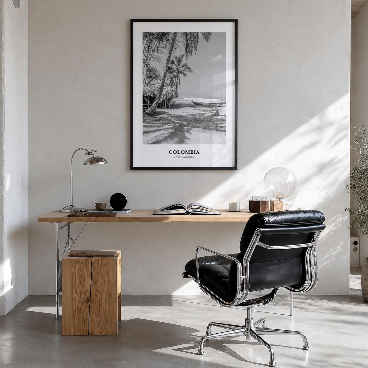 Colombia no. 1 black & white classic poster of South America – vertical wall art in black wood frame, hanging on wall