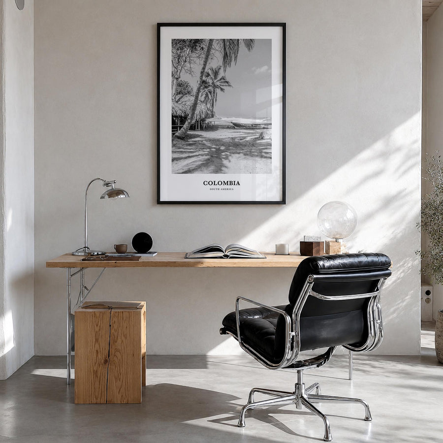 Colombia no. 1 black & white classic poster of South America – vertical wall art in black wood frame, hanging on wall