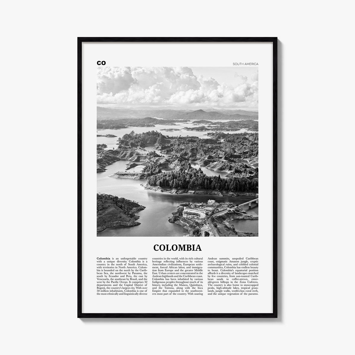 Colombia no. 1 black & white newspaper poster of South America – vertical wall art, unframed print shown in interior mockup