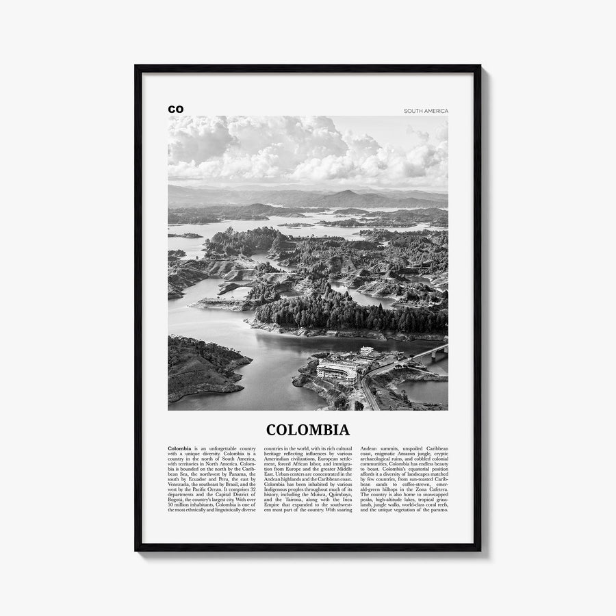 Colombia no. 1 black & white newspaper poster of South America – vertical wall art, unframed print shown in interior mockup