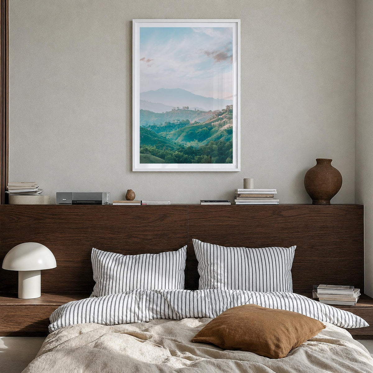 Colombia no. 1 colorful photo poster of South America – vertical wall art in white wood frame with white border, hanging on w