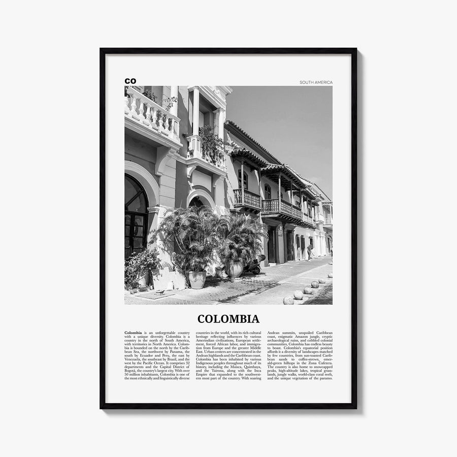 Colombia no. 2 black & white newspaper poster of South America – vertical wall art, unframed print shown in interior mockup