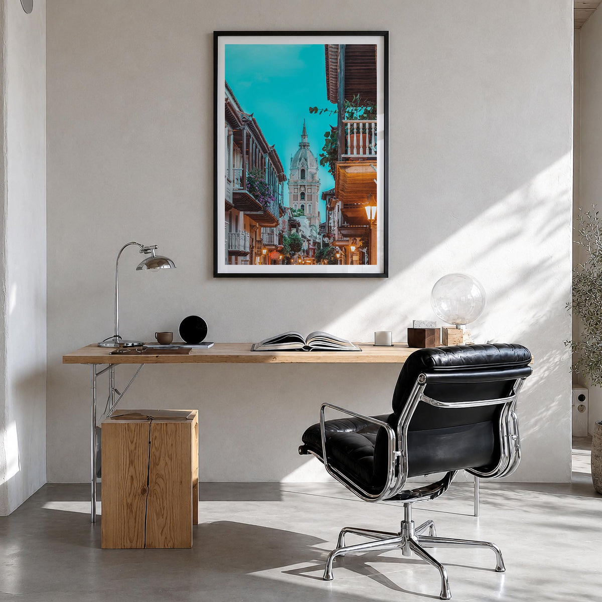 Colombia no. 2 colorful photo poster of South America – vertical wall art in black wood frame with white border, hanging on w